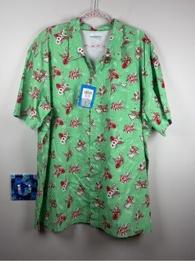 NWT COLUMBIA PFG Shirt Men XXL Green Christmas Fishing Button Up Swordfish Santa